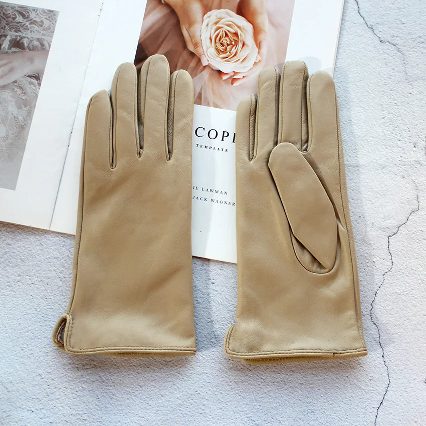 Women's Sheepskin Gloves Fashion Color Leather Simple Style Wool Lining Spring and Autumn Warmth Finger Gloves