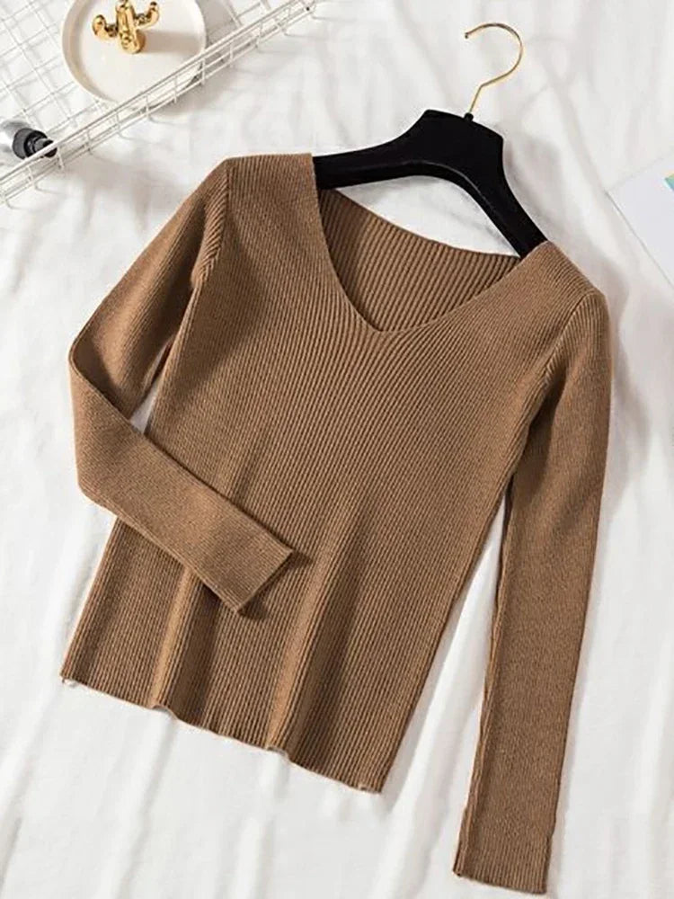 2025 Fashion V-neck Elastic Basic Top New Women Sweater Autumn Winter Long Sleeve Pullover Female Winter Solid Knitted Jumper