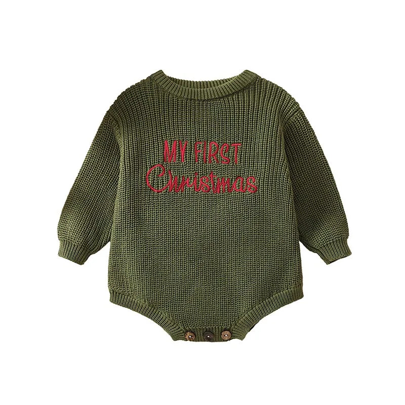 0-18M Newborn Baby Girl Boy Christmas Sweater Romper Letter Embroidery Long Sleeve Crew Neck Knit Bubble Jumpsuit