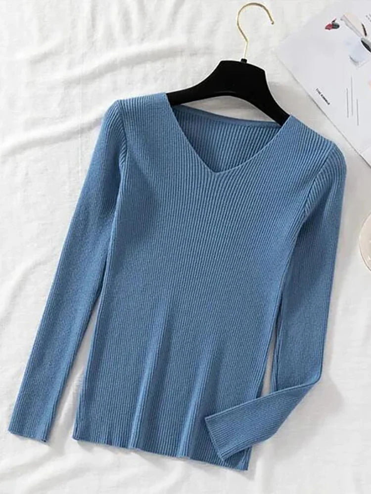 2025 Fashion V-neck Elastic Basic Top New Women Sweater Autumn Winter Long Sleeve Pullover Female Winter Solid Knitted Jumper