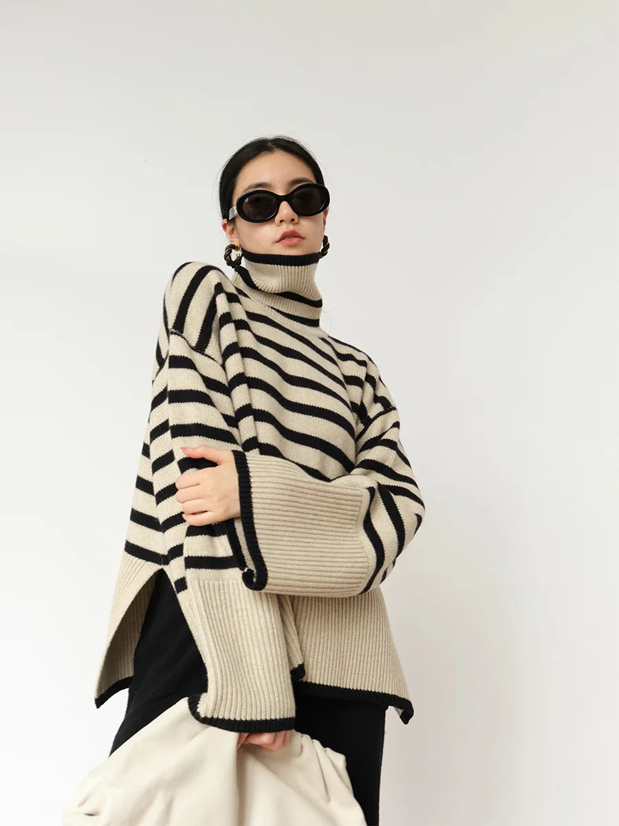 Women's Striped Turtleneck Sweater2023New Autumn and Winter Loose Design Niche Knitwear Pullover Coat