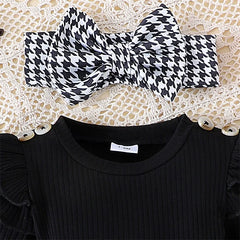 Pudcoco Baby Girl Spring Outfits Long Sleeve Houndstooth Print Romper Dress with Headband and Long Socks