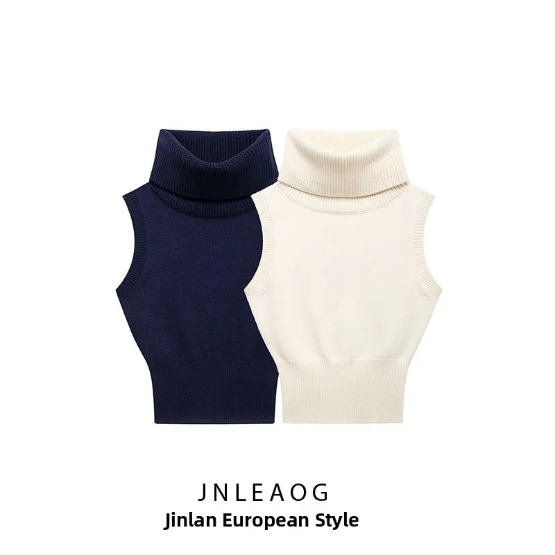 JNLEAOG Faionable Knitted ort Vest for Women Autumn Street Sle Stand Collar Svel Polyester Fiber Pure Color