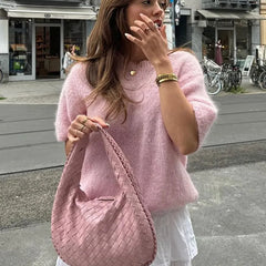 Women's Casual Sweaters Tee Short Sleeve O Neck Knit Crop Tops Y2k Girls Pullover Shirts Knitwear Autumn Vintage Streetwear