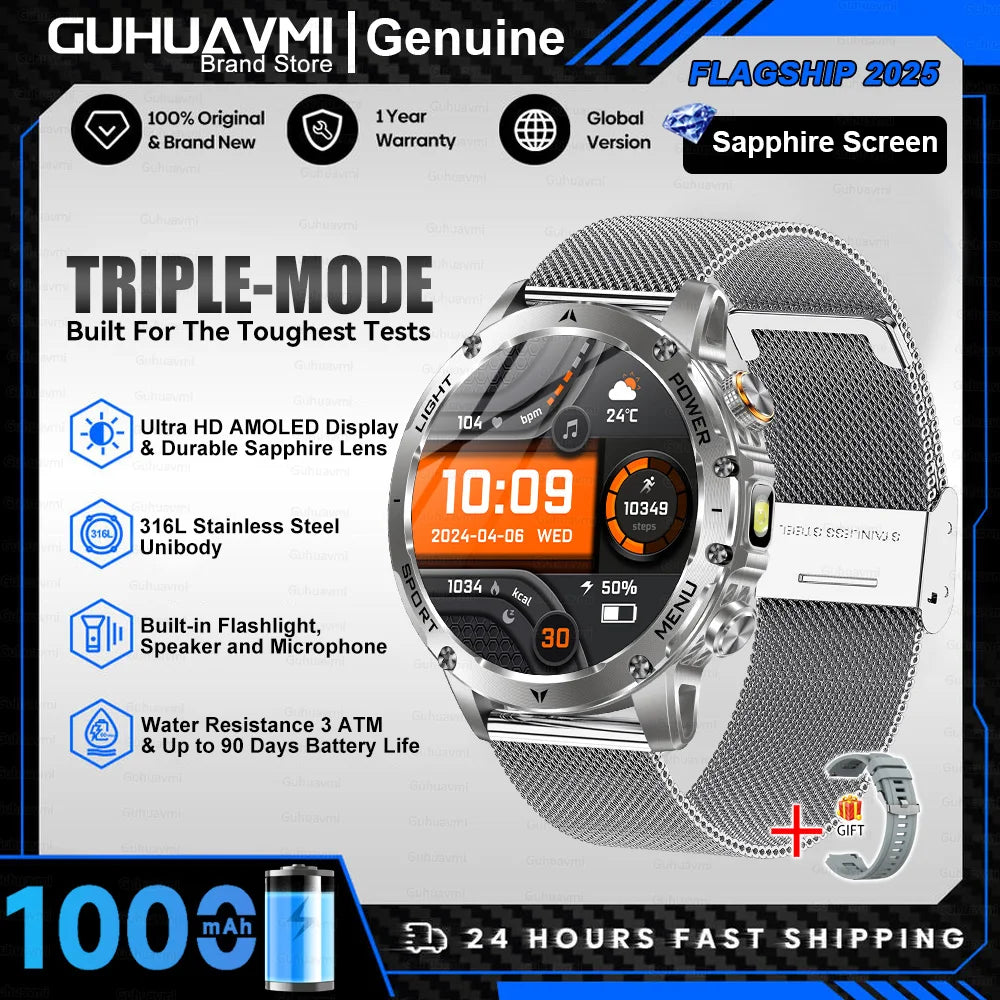 New Outdoor Military SmartWatch Man 1.7" AMOLED Screen 1000mAh Battery 5ATM Waterproof Flashlight 100+ Sports smart watches 2025