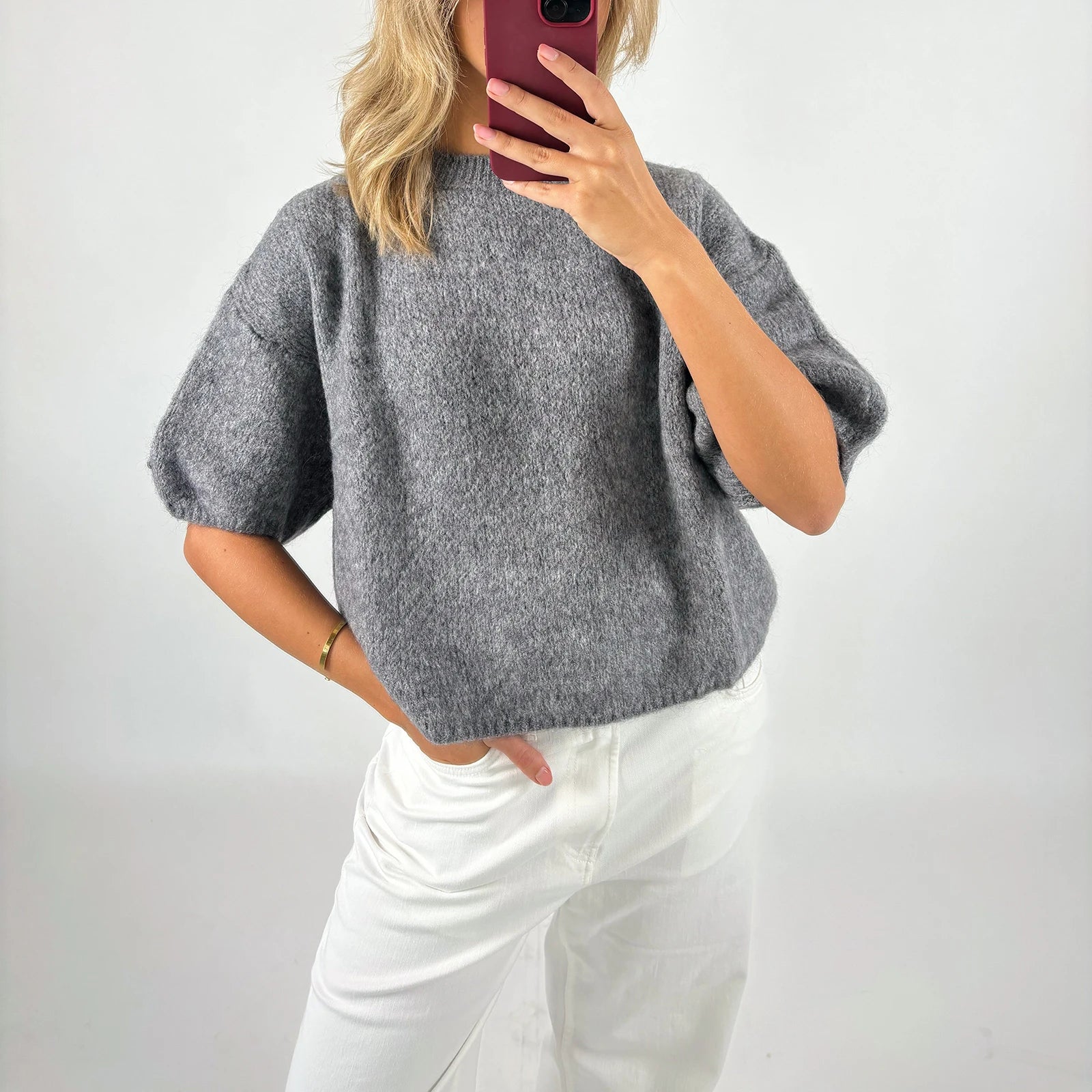 Imcute Women's Casual Sweaters Short Sleeve O Neck Knit Crop Tops Y2k Girls Pullover Shirts Knitwear Vintage Streetwear