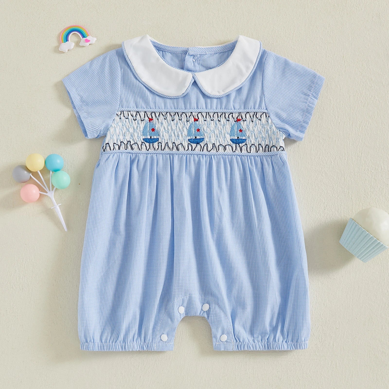 0-18M Baby Girl Boy Summer Blue Rompers Sailboat Embroidered Short Sleeve Doll Collar Jumpsuit Newborn Clothes Outfit