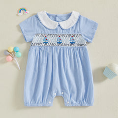0-18M Baby Girl Boy Summer Blue Rompers Sailboat Embroidered Short Sleeve Doll Collar Jumpsuit Newborn Clothes Outfit