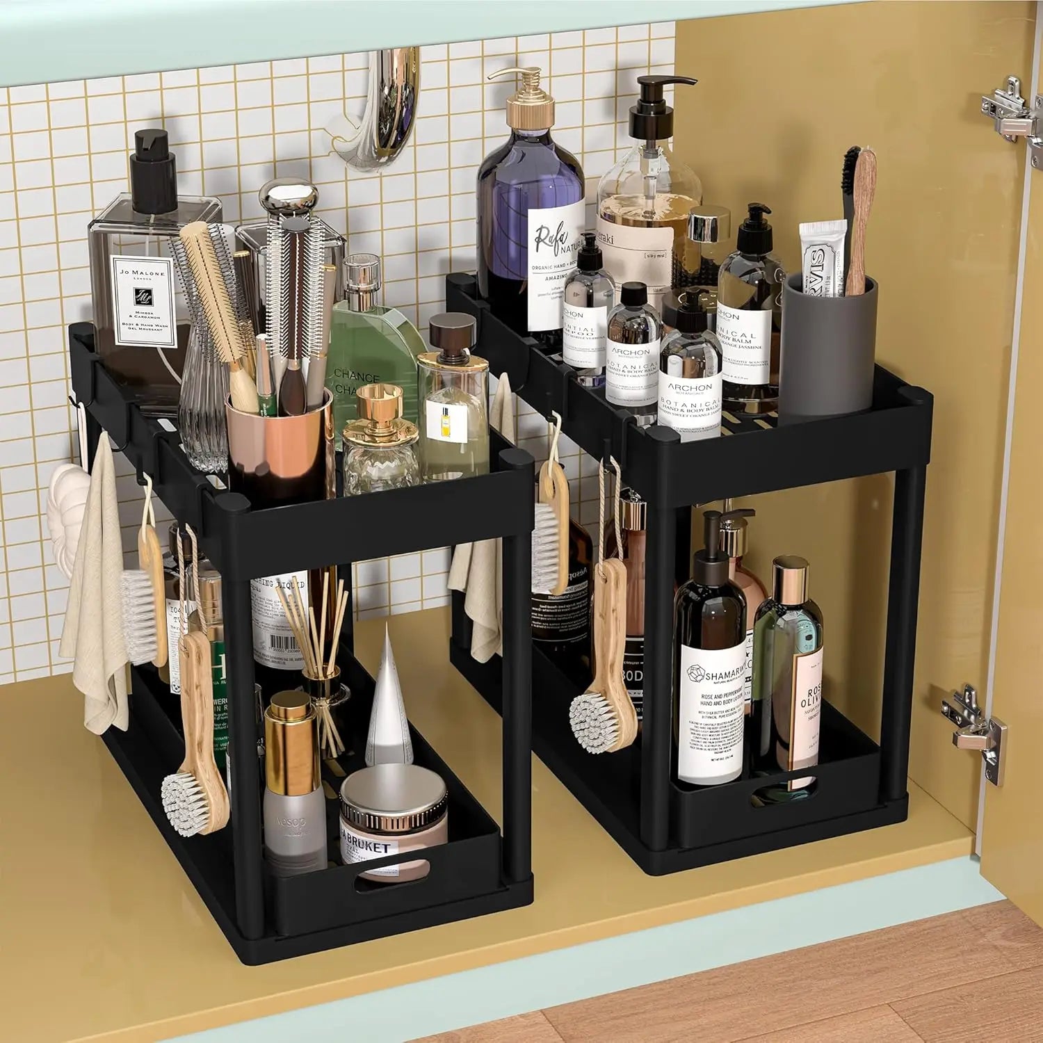 2-Piece Double-Tier Pull-Out Under-Sink Storage Rack Set Kitchen and Bathroom Sink Shelving Unit, Storage Rack