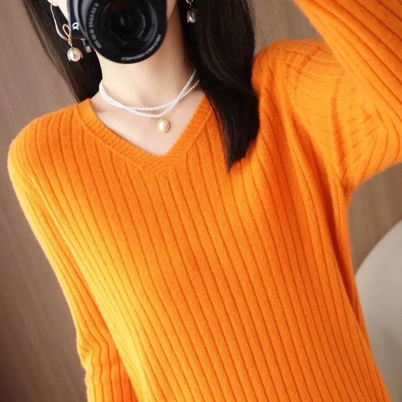 Chic Casual Autumn Winter Basic Sweater Pullovers Women V-neck Solid Knit Loose Pullover Female Long Sleeve Warm Khaki Sweater