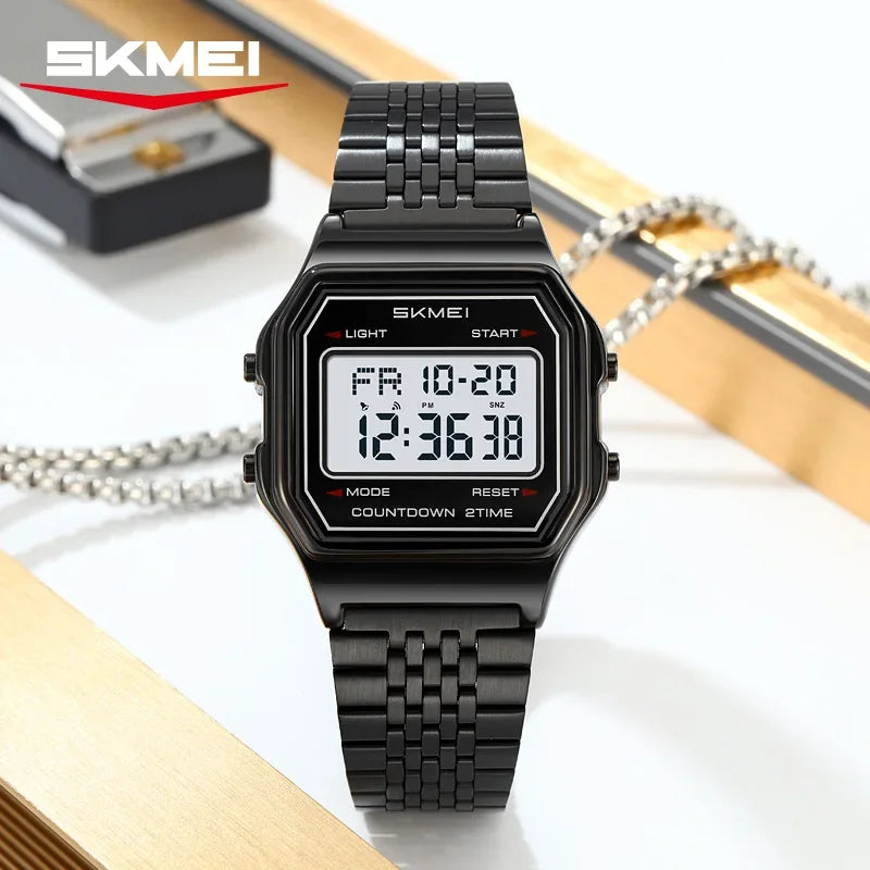 SKMEI 2465 Digital Watch for Men Stainless Steel Waterproof Luxury Electronic Mens Wristwatches LED Display Sport Reloj Hombre