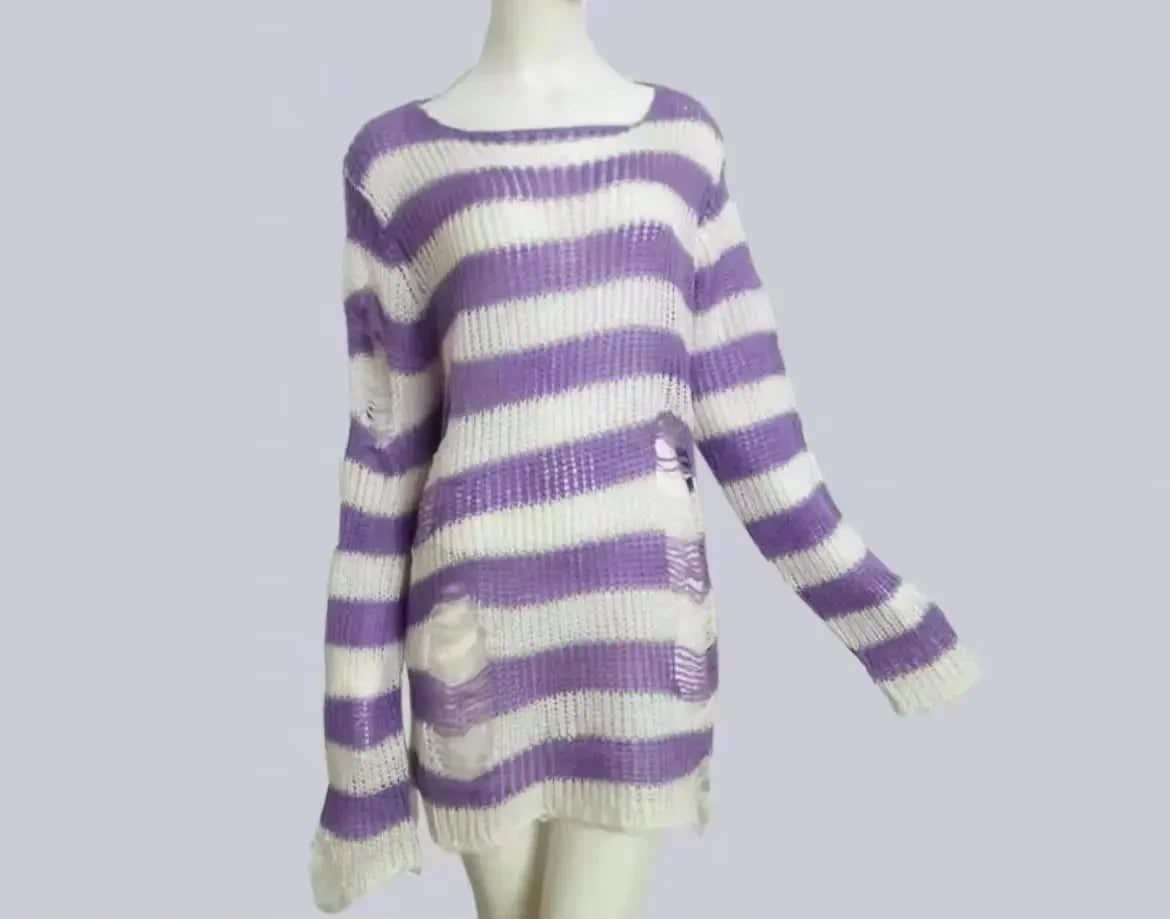 New ZMZBCH Spring Autumn Women's Punk Gothic Oversized Pullover Sweater Striped Hollow out Cool Harajuku Aesthetics  2-M3288