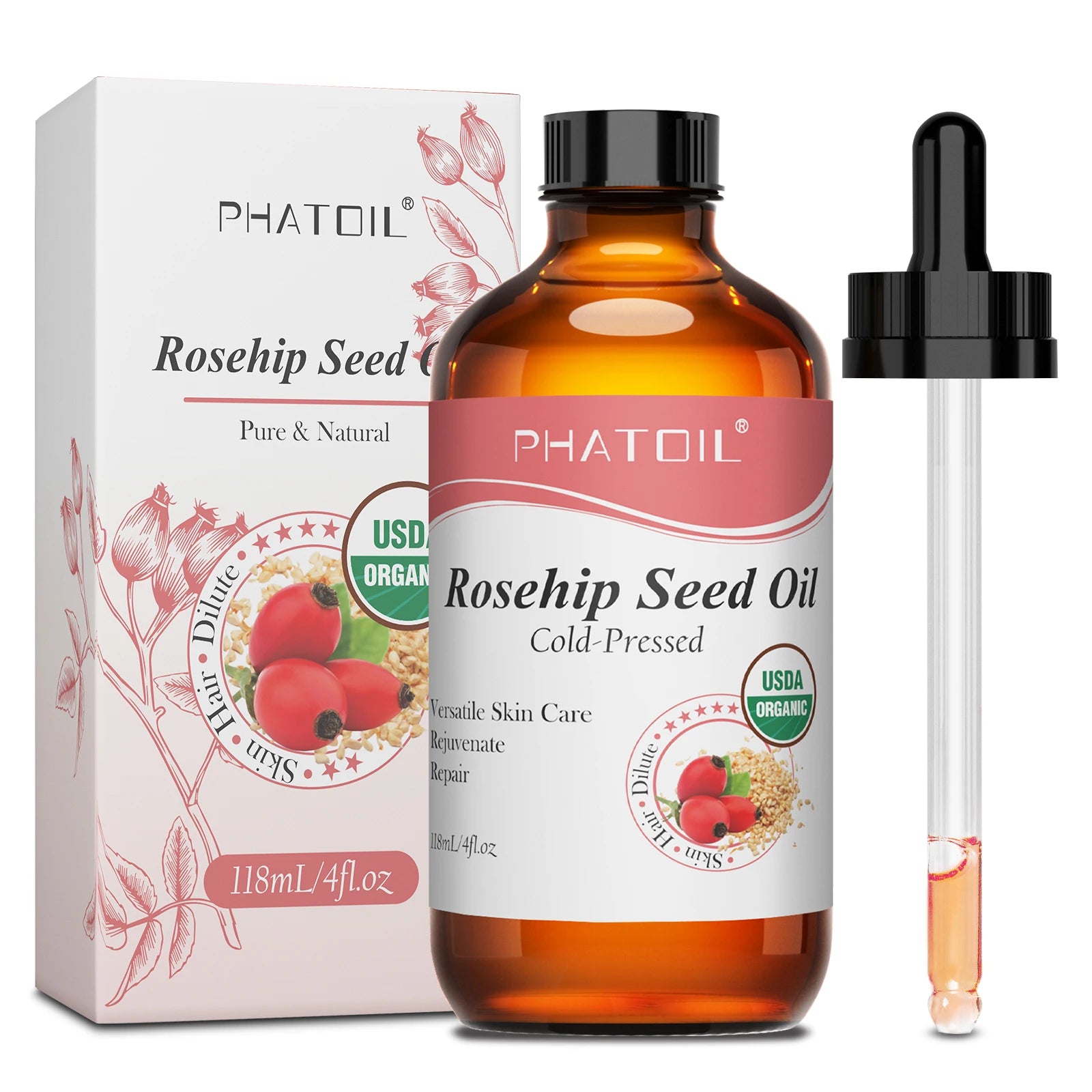 PHATOIL 118ml Organic Jojoba Oil Cold Pressed Pure Natural Rosehip Seed Carrier Oil Moisturizing for Face, Hair, Skin & Nails