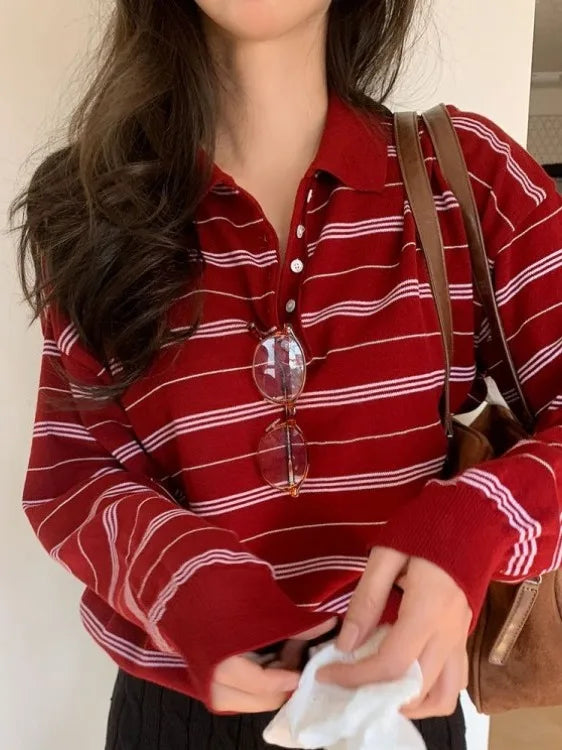 Korean Sle  Ne Color Blo Striped Knitwear Women's Loose Fit Soft Versatile Top American Retro Spring New Arrival