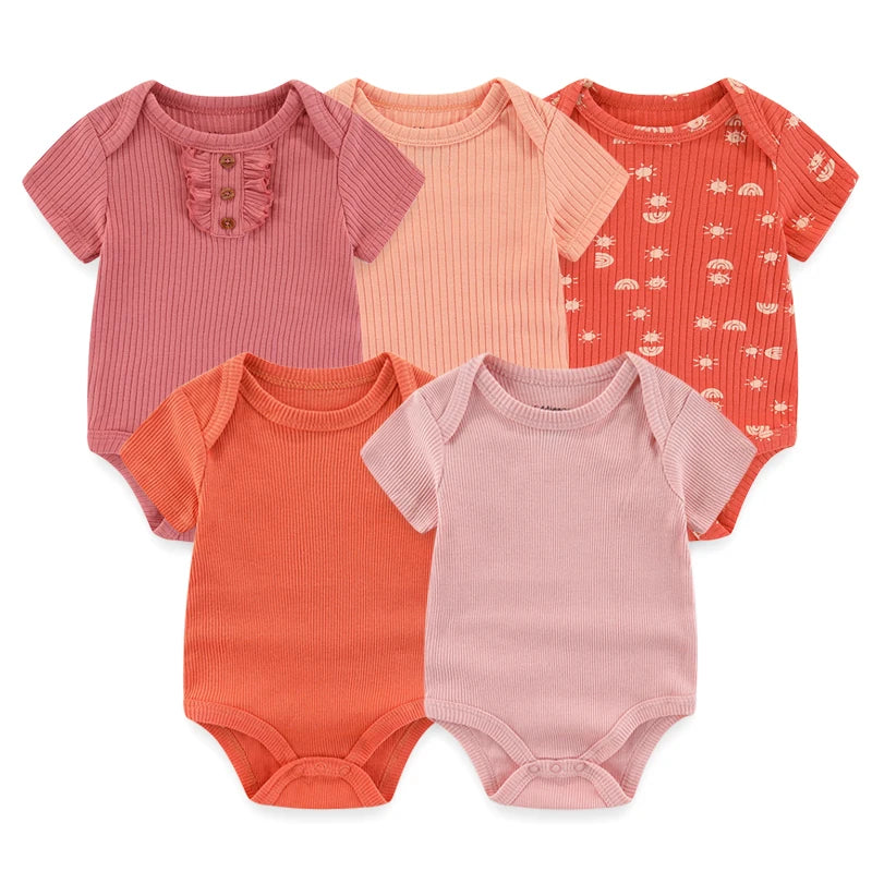 Unisex Solid Color 5Pieces Baby Girl Clothes Cotton Newborn Bodysuits Cartoon Print Baby Boy Clothes Set Summer Bebes
