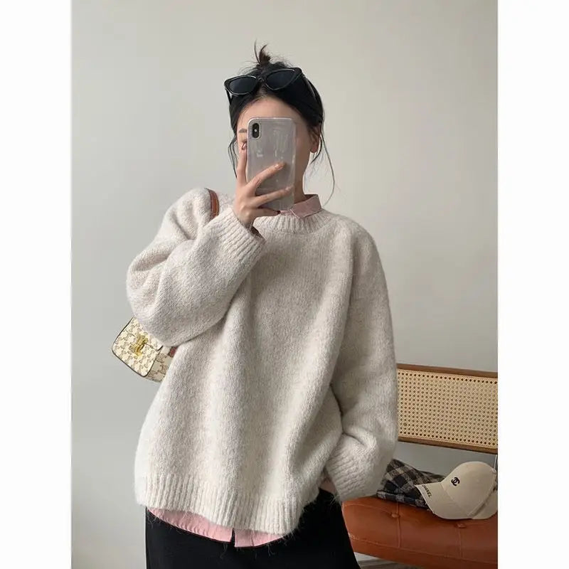 Loose Women's Mint een Lazy Sle Milk Blue Sweater Casual High-End Outerwear Long Sve round Ne Girl's Autumn Faion