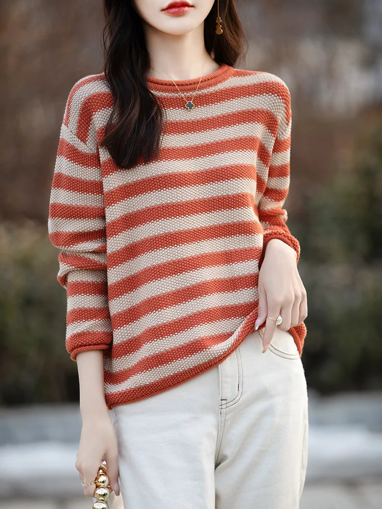 Women 100% Cotton Sweater Autumn Winter Curled O-Neck Pullover Long Sleeve Bottoming Colorful Stripes Knitwear Loose Clothing