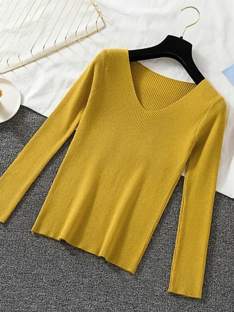 2025 Fashion V-neck Elastic Basic Top New Women Sweater Autumn Winter Long Sleeve Pullover Female Winter Solid Knitted Jumper