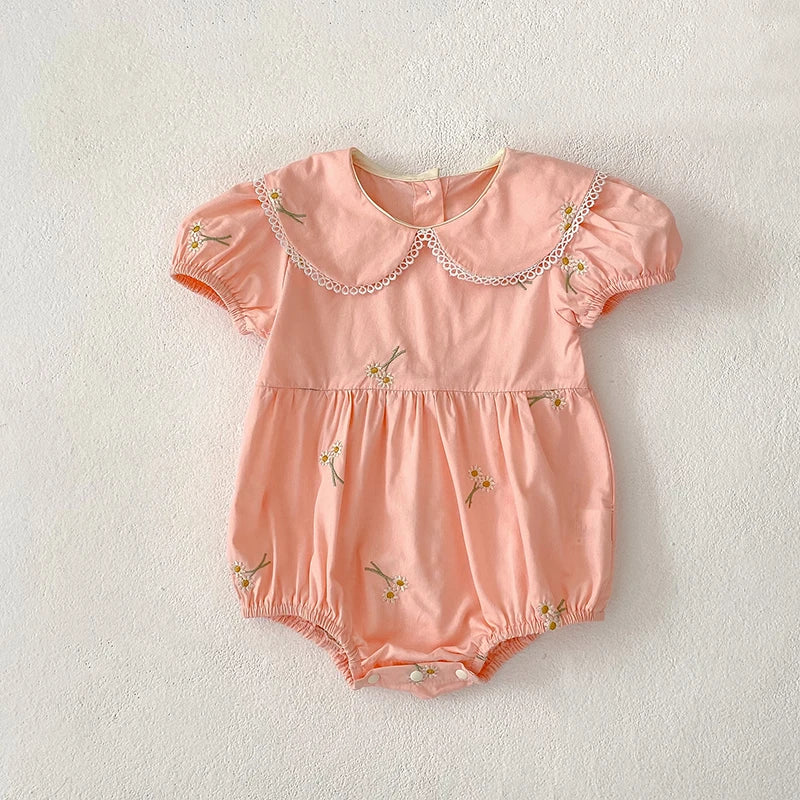 New Summer Newborn Baby Girl Romper 0-24M Baby Girl Clothing Cotton Pink Embroidered Flowers Cotton Toddler Baby Girls Jumpsuit