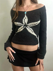 Women's Knit Tops Off Shoulder Slim Sweater Graphic Print Long Sleeve Knitwear Spring Fall Y2K Aesthetic Streetwear
