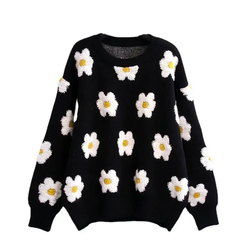 Little Daisy O-neck Sweater Women Jacquard Autumn Winter Simple Pullover Knit Elastic Jumper Casual Thick Loose Warm Y2k Jumpers