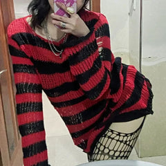 New ZMZBCH Spring Autumn Women's Punk Gothic Oversized Pullover Sweater Striped Hollow out Cool Harajuku Aesthetics  2-M3288