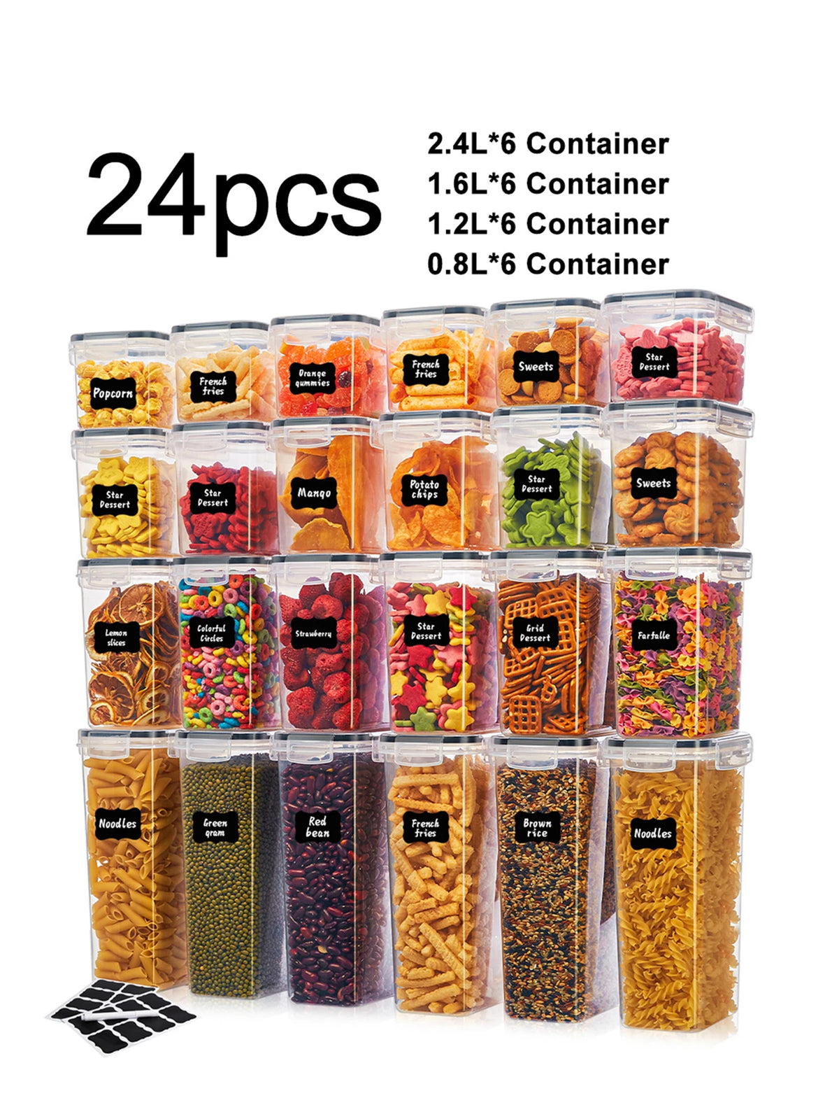 24pcs New Kitchen Sealed Storage Box Set Dry Food Storage For Sugar, Flour, Baking PP Material Comes with Convenience Stickers