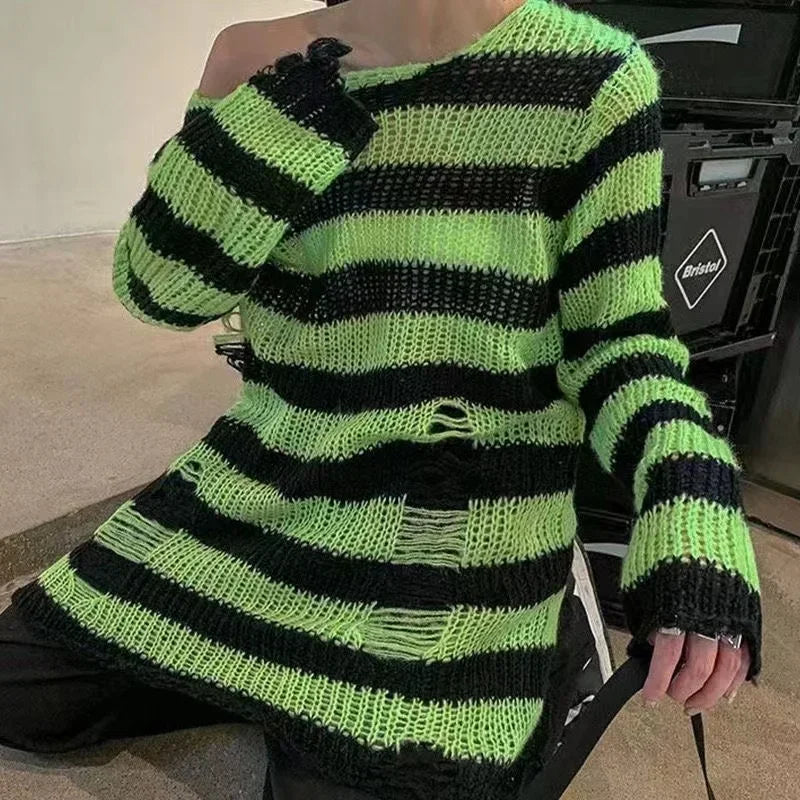 New ZMZBCH Spring Autumn Women's Punk Gothic Oversized Pullover Sweater Striped Hollow out Cool Harajuku Aesthetics  2-M3288