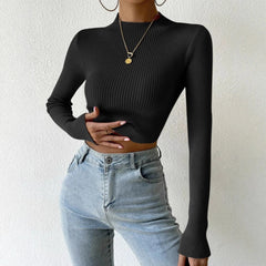 Autumn Winter Mock Neck Women Sweater Vintage Basic Solid Knitted Tops Casual Slim Pullover Sweaters Chic Jumpers Crop Top