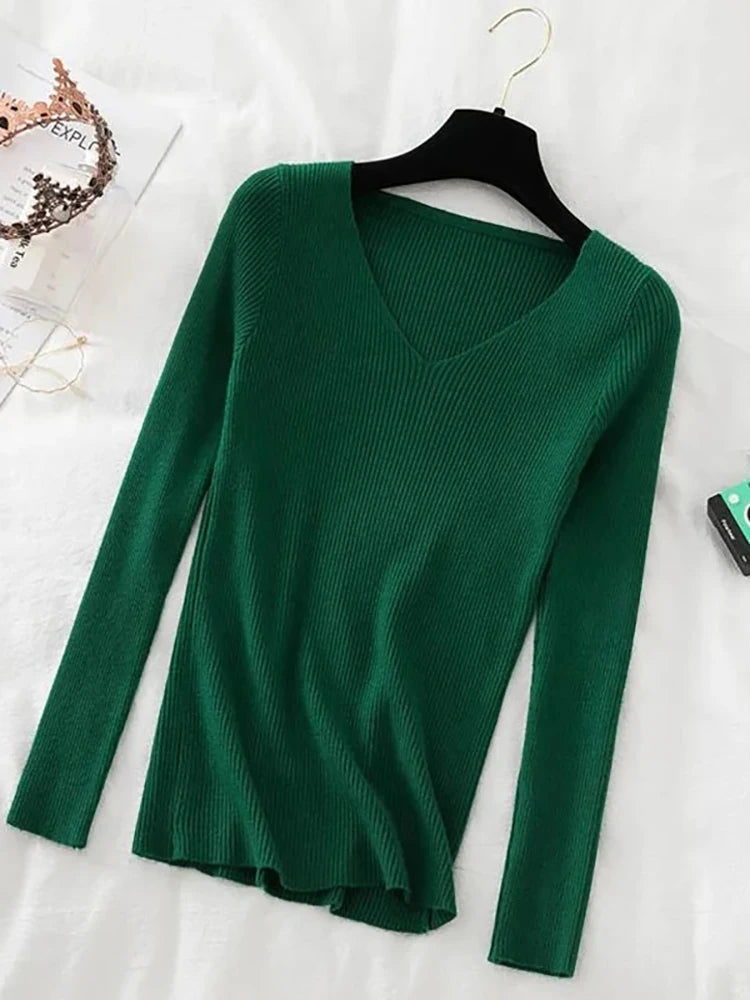 2025 Fashion V-neck Elastic Basic Top New Women Sweater Autumn Winter Long Sleeve Pullover Female Winter Solid Knitted Jumper