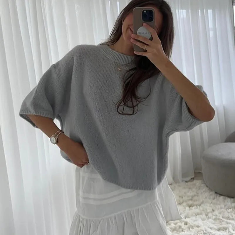 Women's Casual Sweaters Tee Short Sleeve O Neck Knit Crop Tops Y2k Girls Pullover Shirts Knitwear Autumn Vintage Streetwear