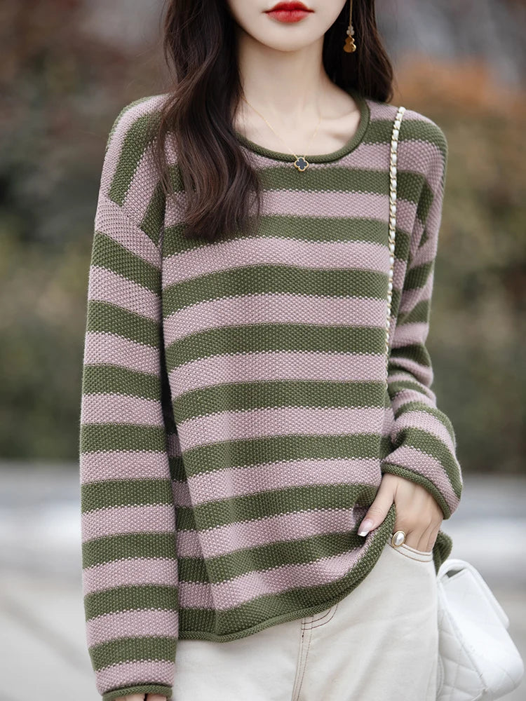 Women 100% Cotton Sweater Autumn Winter Curled O-Neck Pullover Long Sleeve Bottoming Colorful Stripes Knitwear Loose Clothing