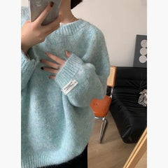 Loose Women's Mint een Lazy Sle Milk Blue Sweater Casual High-End Outerwear Long Sve round Ne Girl's Autumn Faion