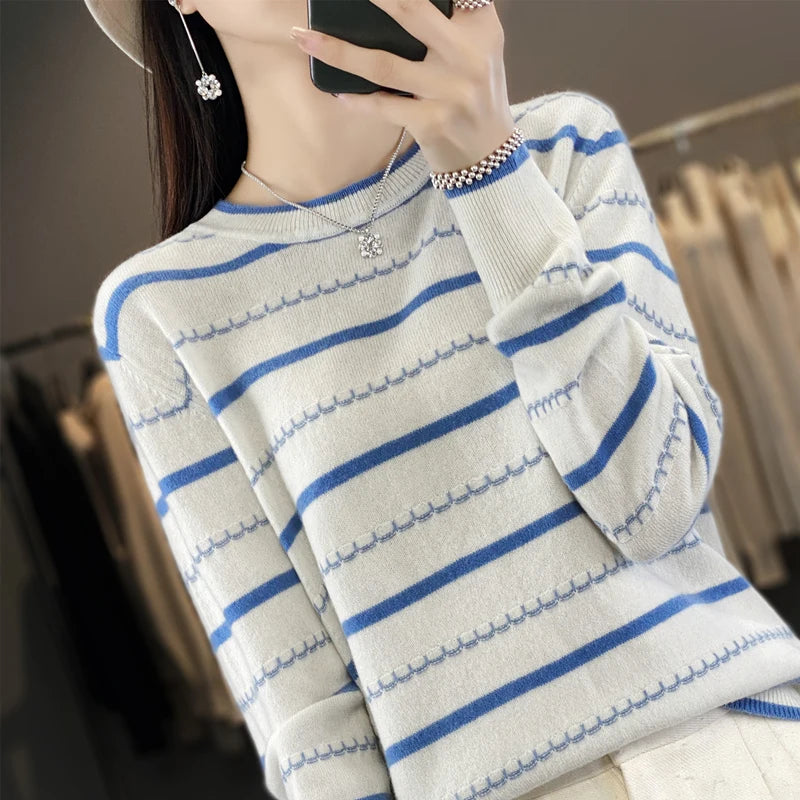 Spring Women's Pullover Sweater Striped Two-Color Sweater Long Sleeve Crewneck New 100% Cotton Pullover Sweater For Women-SMY251