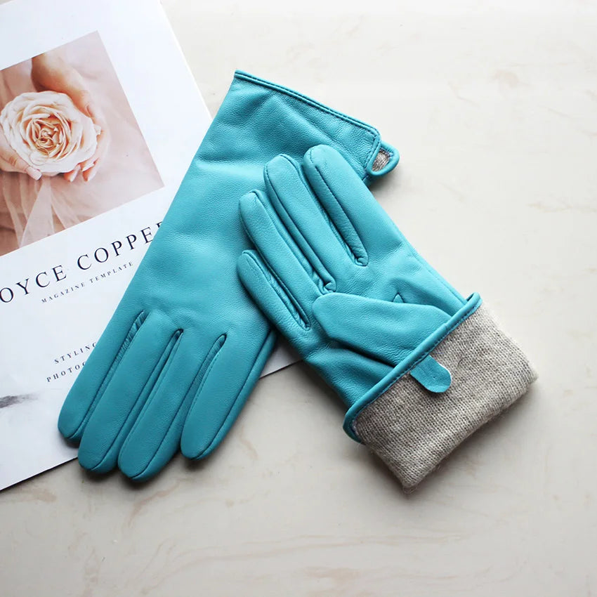 Women's Sheepskin Gloves Fashion Color Leather Simple Style Wool Lining Spring and Autumn Warmth Finger Gloves