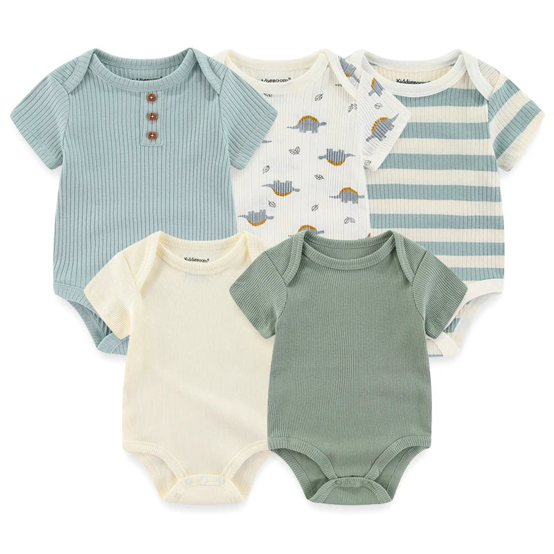 Unisex Solid Color 5Pieces Baby Girl Clothes Cotton Newborn Bodysuits Cartoon Print Baby Boy Clothes Set Summer Bebes