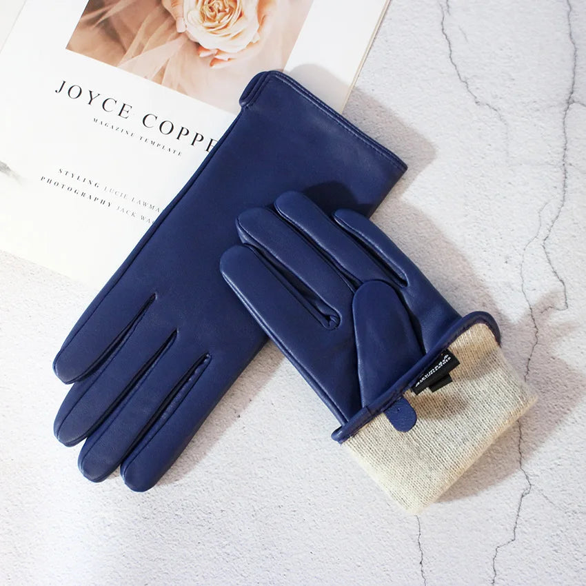 Women's Sheepskin Gloves Fashion Color Leather Simple Style Wool Lining Spring and Autumn Warmth Finger Gloves