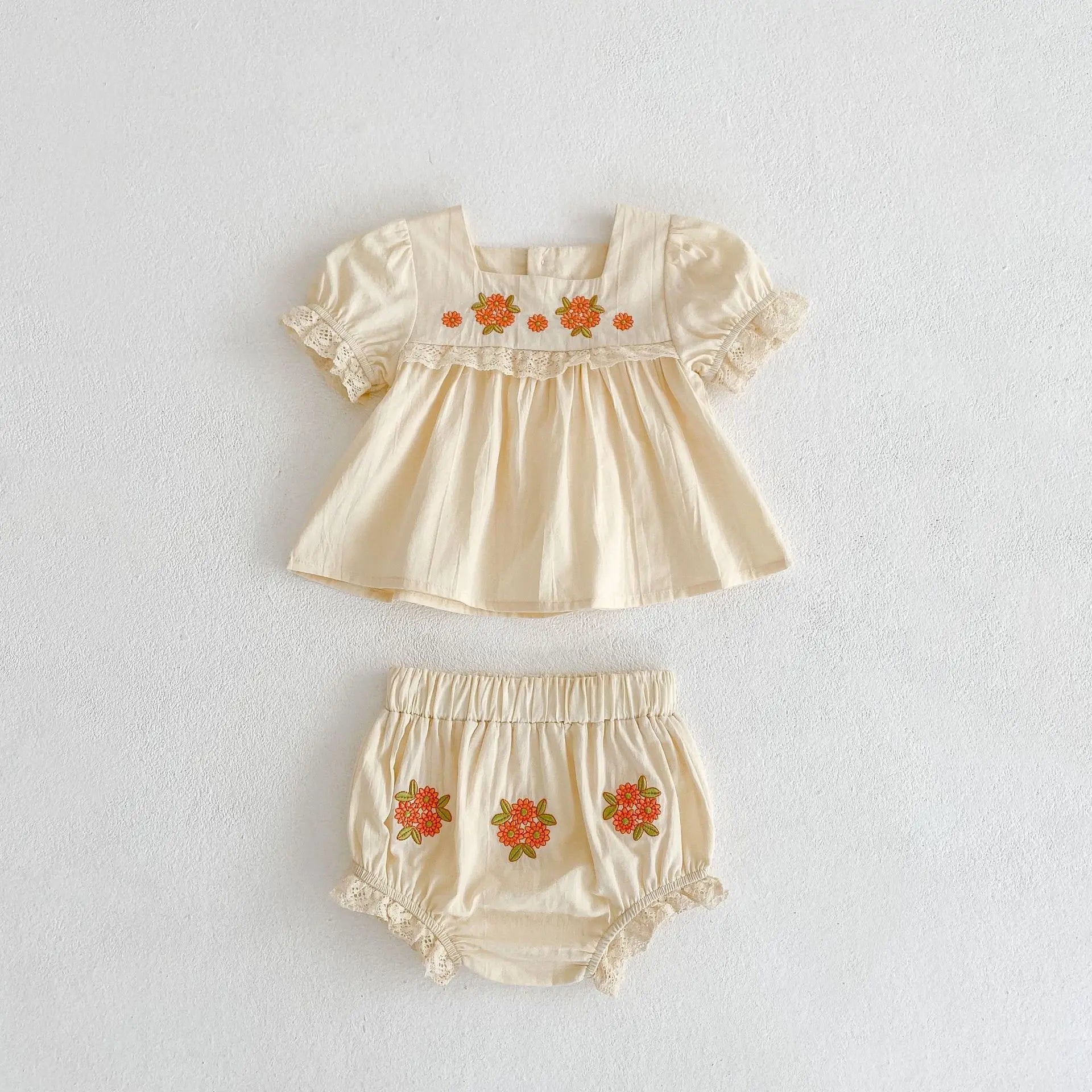 summer ins Baby Flower Embroidered short sleeved top + flower bread shorts 2-piece set for female baby clothing set