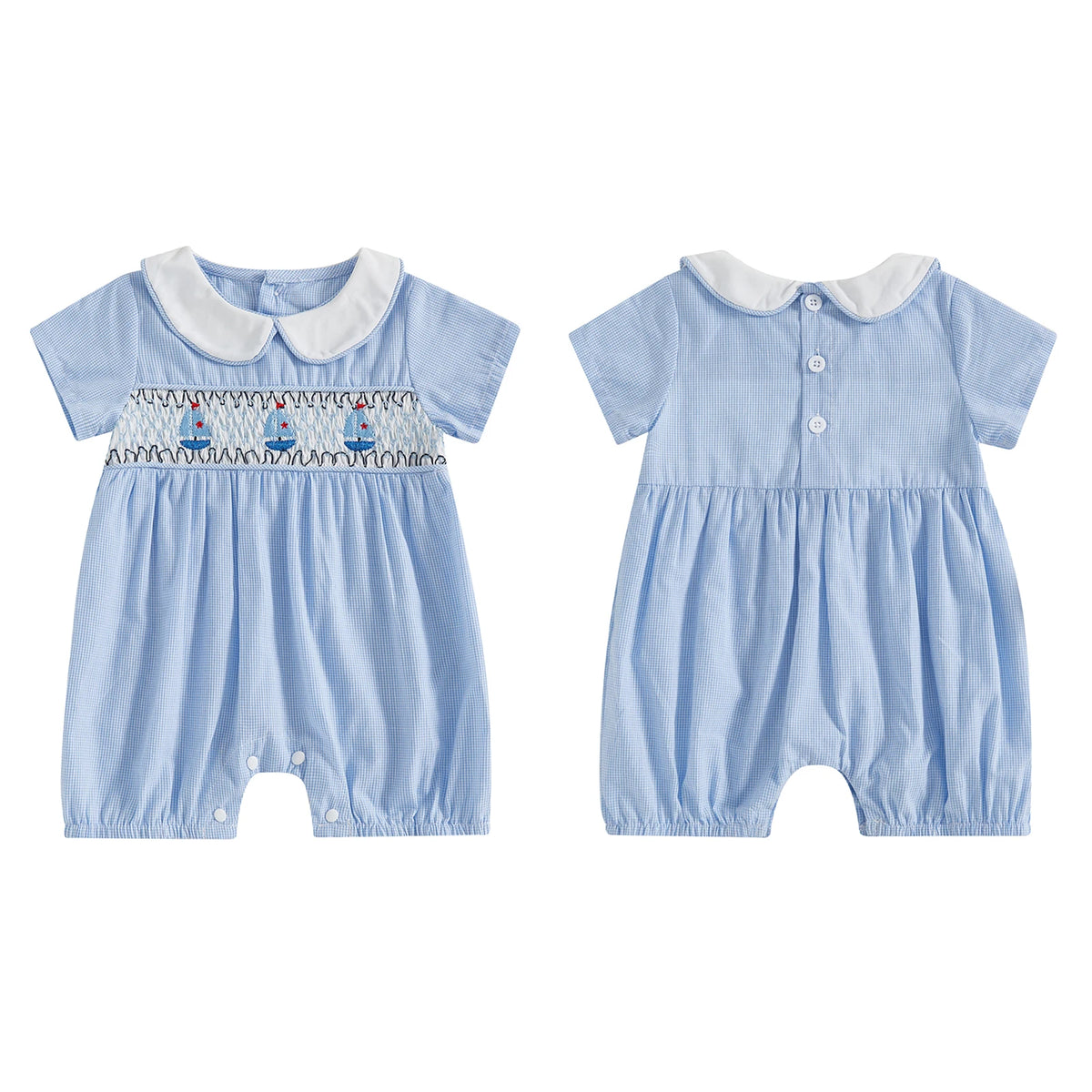 0-18M Baby Girl Boy Summer Blue Rompers Sailboat Embroidered Short Sleeve Doll Collar Jumpsuit Newborn Clothes Outfit