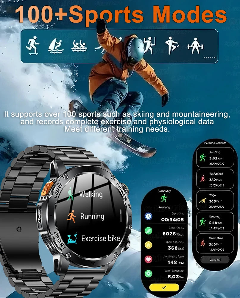 New Outdoor Military SmartWatch Man 1.7" AMOLED Screen 1000mAh Battery 5ATM Waterproof Flashlight 100+ Sports smart watches 2025