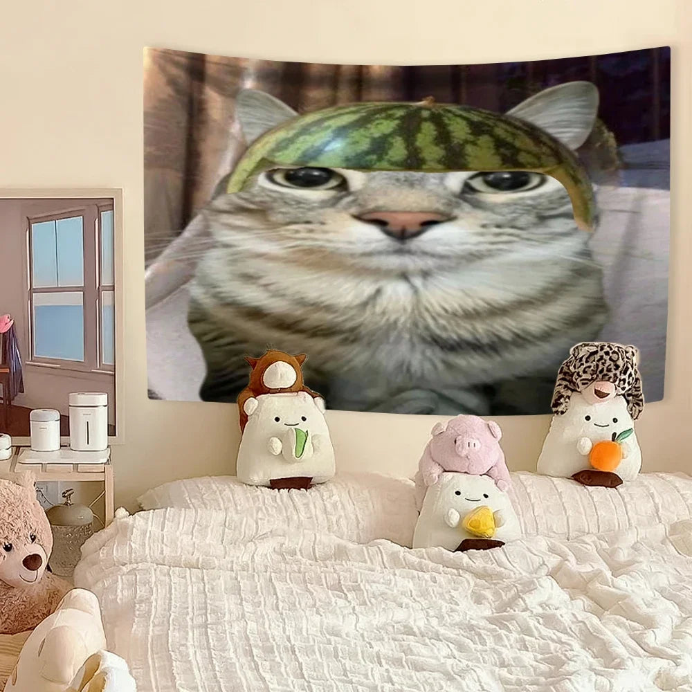 Funny Cat Meme Tapestry Kawaii Animal Home Decor Wall Hanging Covering Cloth Bedroom Dorm Background Festival Gift
