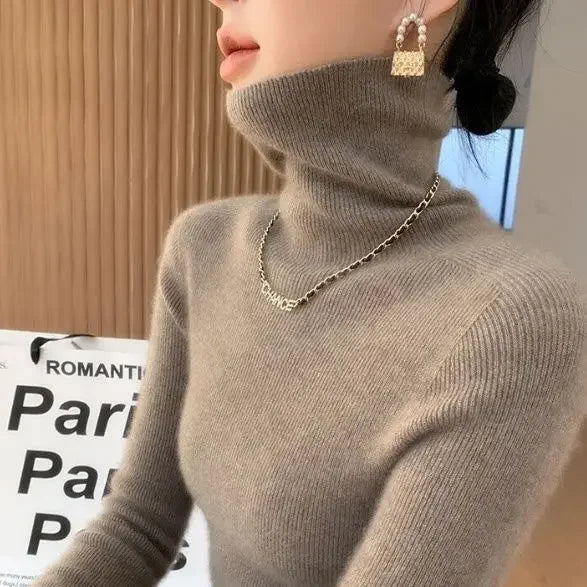 2025 Korean Style Turtleneck Long Sleeve Pullover Fashion Soft Warm Basic Sweater Women's Autumn Winter Slim Solid Knitwear Tops