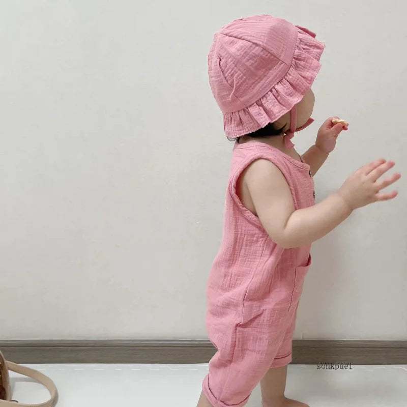2Pcs/Set Baby Summer Clothing Solid Newborn Infant Romper With Hat Muslin Cotton Sleeveless Baby Boys Girls Jumpsuit Outfits