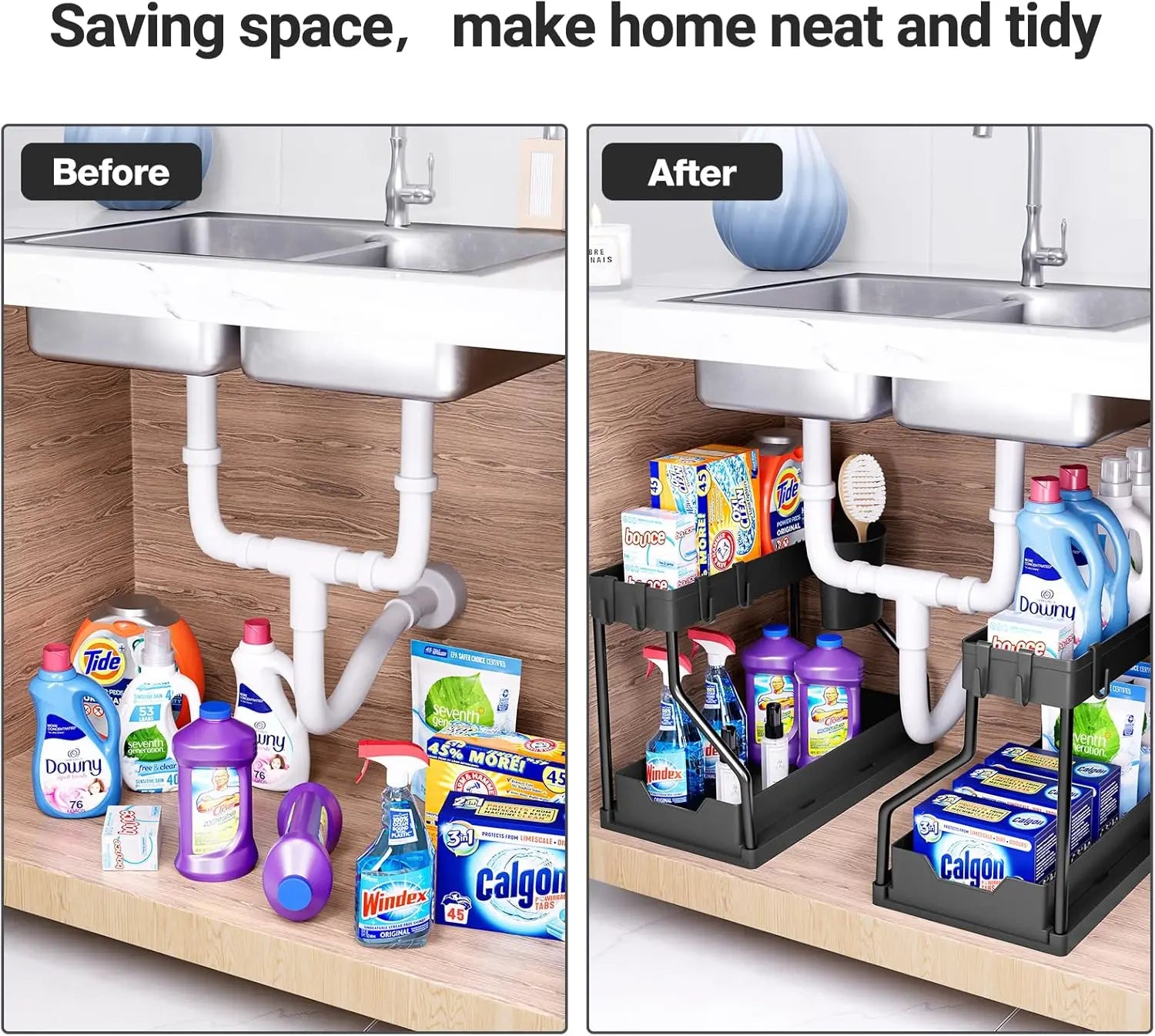 Under-sink storage rack, kitchen cabinet storage, dual-slide storage drawer, multi-purpose bathroom storage basket