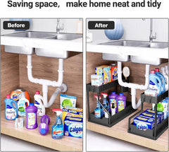 Under-sink storage rack, kitchen cabinet storage, dual-slide storage drawer, multi-purpose bathroom storage basket