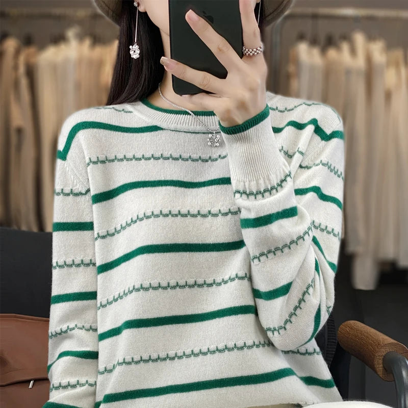 Spring Women's Pullover Sweater Striped Two-Color Sweater Long Sleeve Crewneck New 100% Cotton Pullover Sweater For Women-SMY251