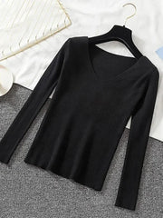 2025 Fashion V-neck Elastic Basic Top New Women Sweater Autumn Winter Long Sleeve Pullover Female Winter Solid Knitted Jumper