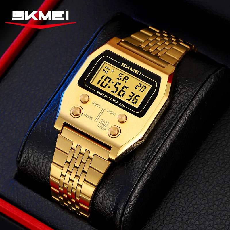 SKMEI 2460 Wristwatches Reloj Hombre Waterproof Digital Watch for Men Stainless Steel Sport Luxury Retro LED Electronic Mens