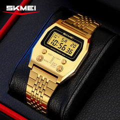 SKMEI 2460 Wristwatches Reloj Hombre Waterproof Digital Watch for Men Stainless Steel Sport Luxury Retro LED Electronic Mens