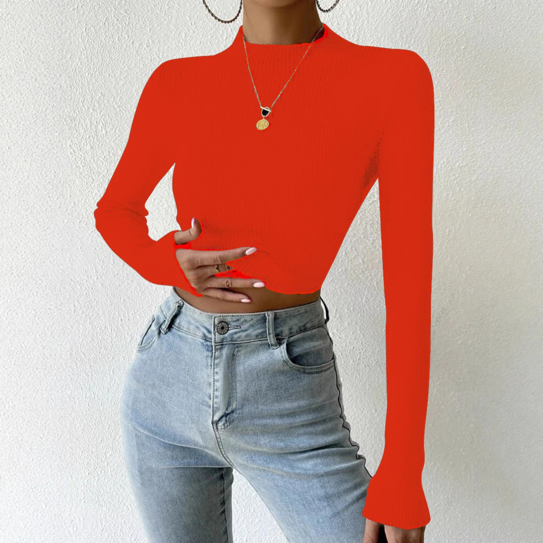Autumn Winter Mock Neck Women Sweater Vintage Basic Solid Knitted Tops Casual Slim Pullover Sweaters Chic Jumpers Crop Top